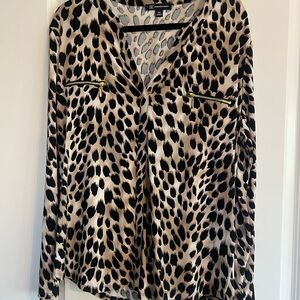 INC International Concepts Black and Tan Graphic Blouse with Notched Collar